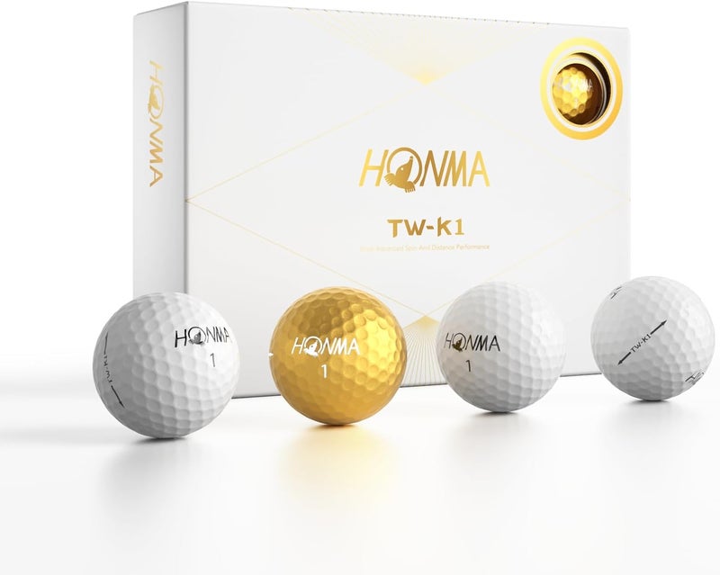 Honma TW-K1 Premium 3-Piece Golf Balls (1 Dozen),1 Exclusive Gold Ball + 11 White, Tour-Level Performance with Urethane Cover, Aerodynamic Dimples for High Launch & Greenside Precision,for Men Women - Image 1